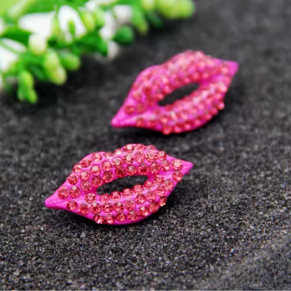 Hot Pink Crystal Lips Earrings